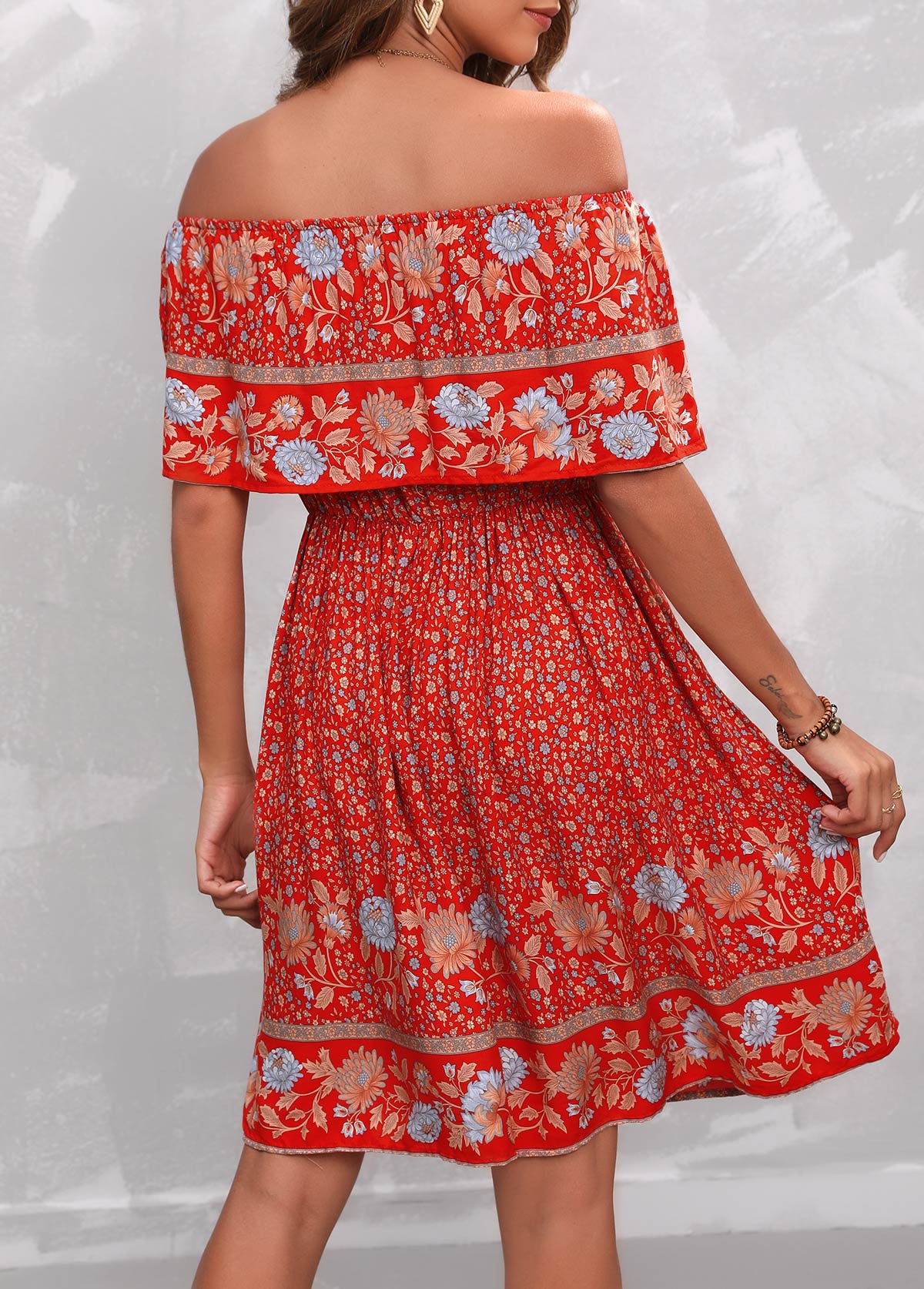 Bohemian Print Orange Red Off Shoulder Dress
