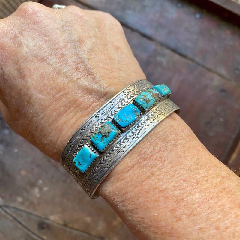 Navajo Stamp Decorated Cuff with Row Turquoise by Celina Yazzie Sterling