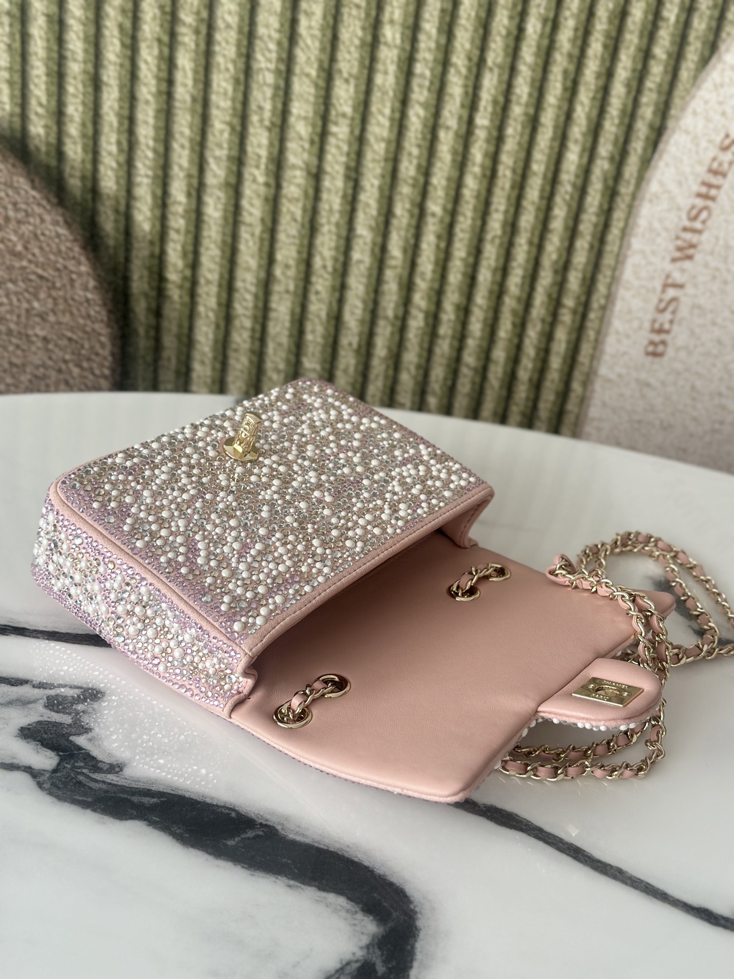 24C25C Small Classic Flap Bag in Sakura Pink Crystal & Pearl Embellished Lambskin with Light Gold-Tone Hardware - Mocuir