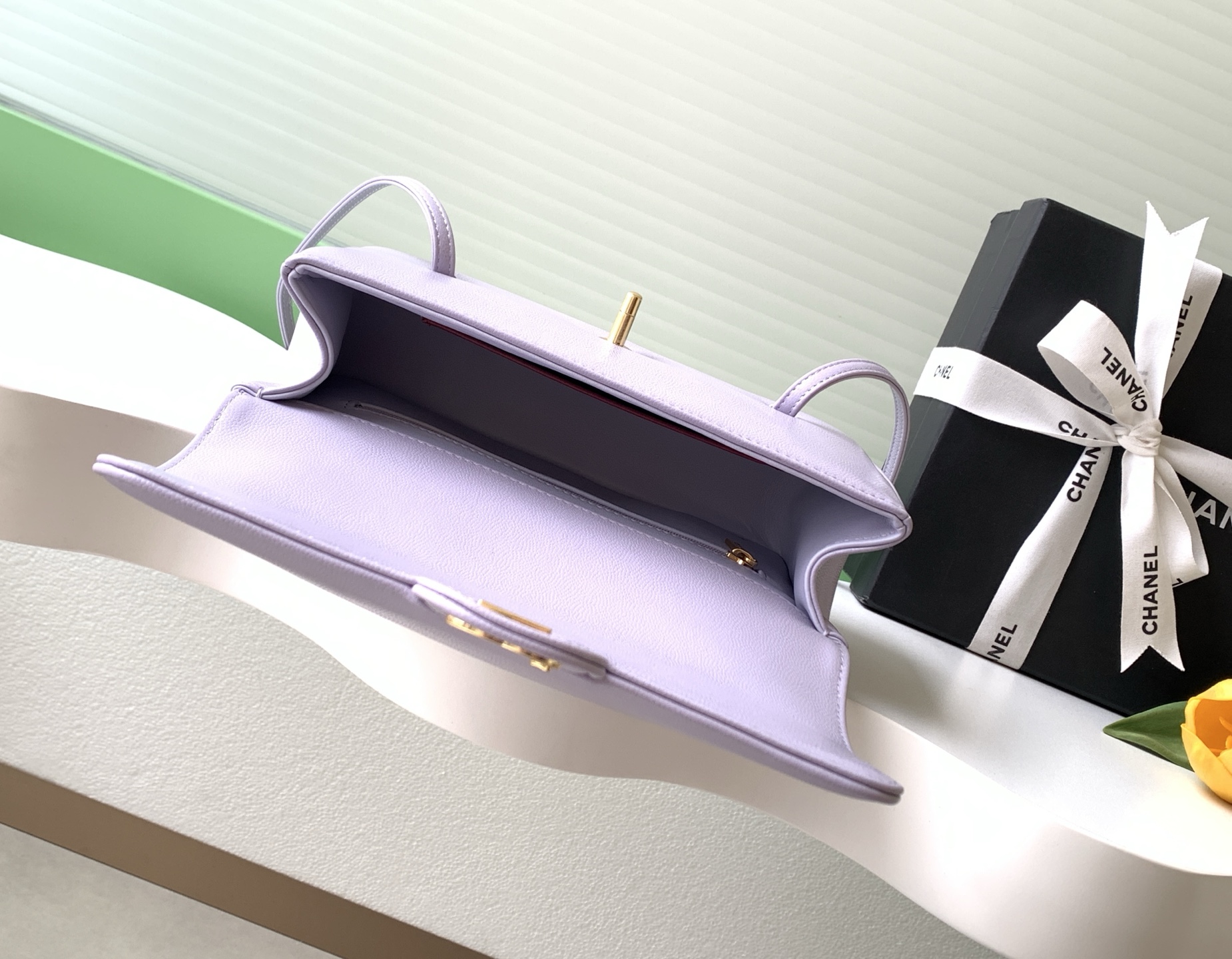 26P Preppy Coco Small Flap Bag in Lavender Grained Shiny Calfskin with Gold-Tone Hardware - Mocuir