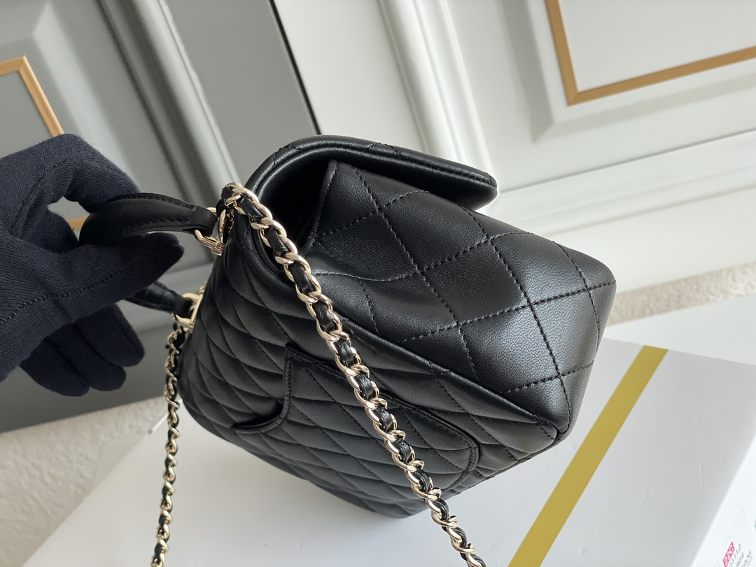 Classic Flap Mini Bag with Top Handle in Black Quilted Grained Lambskin with Gold-Tone Hardware - Mocuir