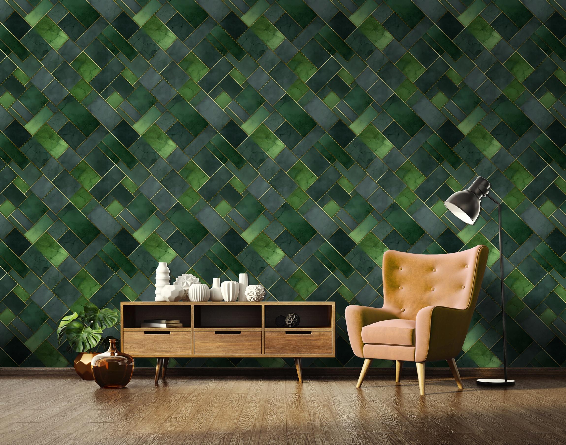 Green abstract wallpaper on non-woven fabric for living room and bedroom walls
