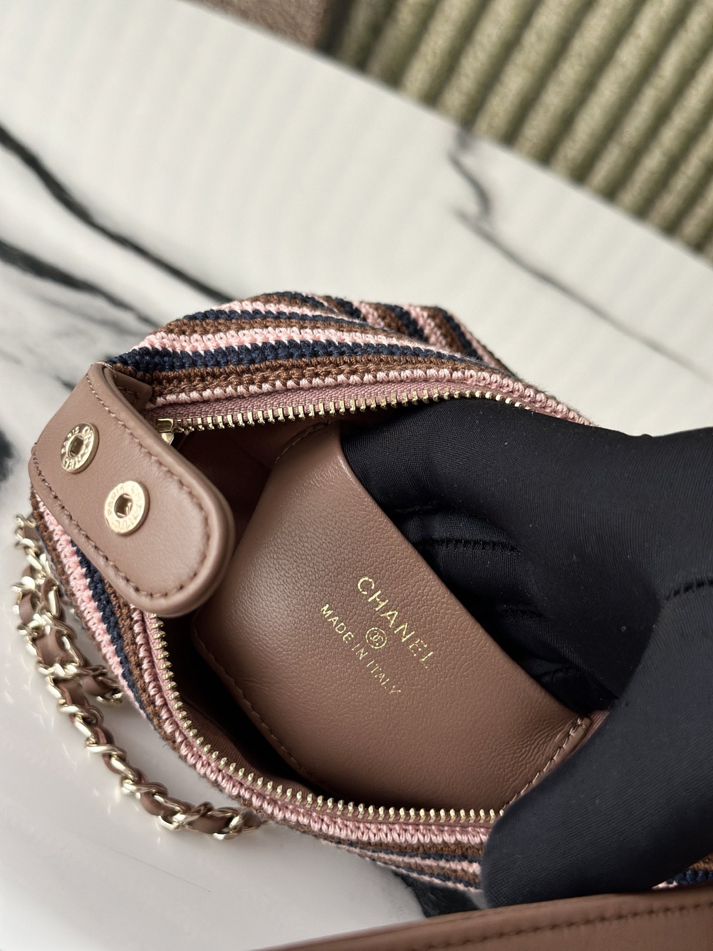 26P Cruise Mini Hobo Pouch with Chain in BrownPinkNavy Striped Crochet and Lambskin with Light Gold-Tone Hardware - Mocuir