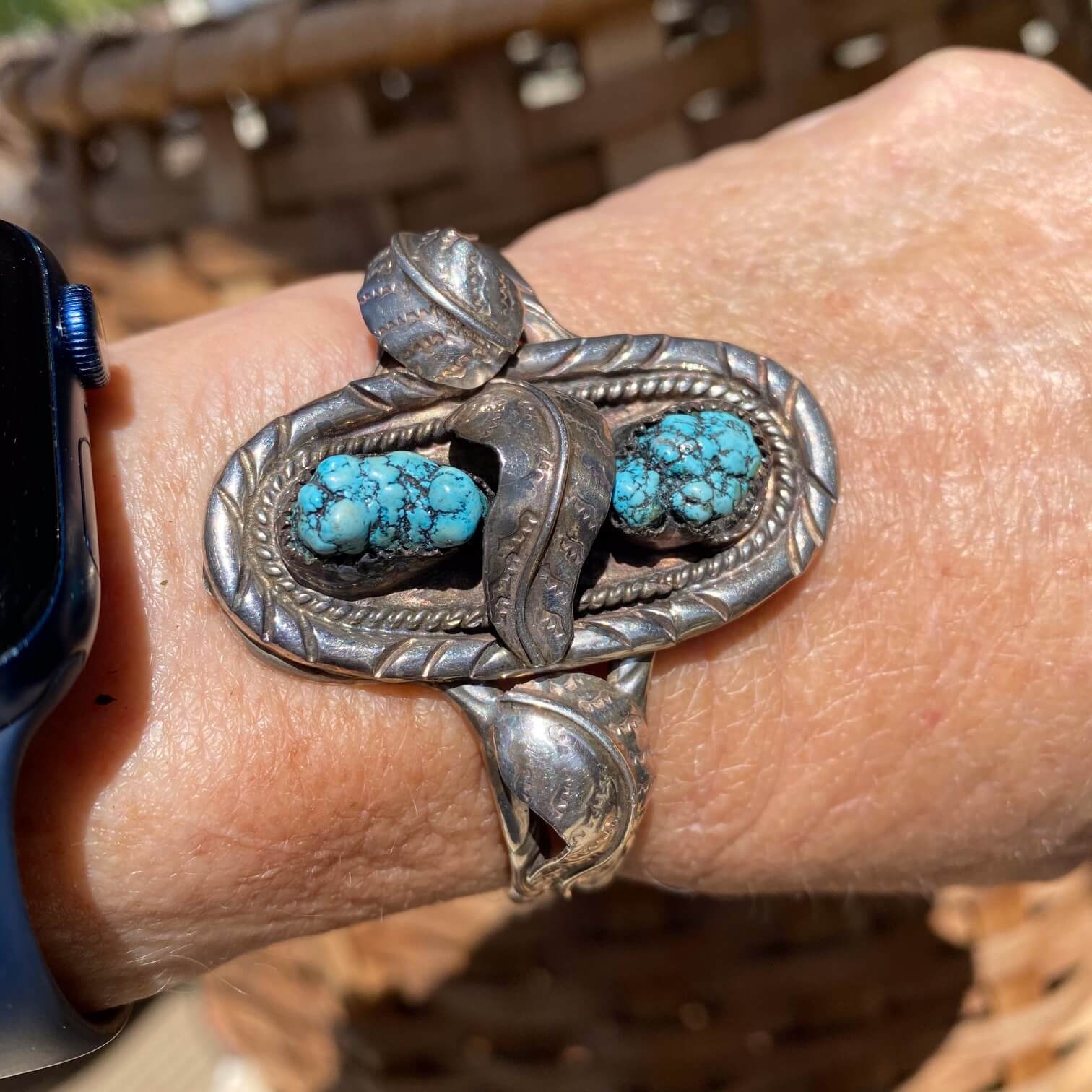 Navajo Cecil Lee Three Feather Bracelet with Spider Web Turquoise Sterling Silver