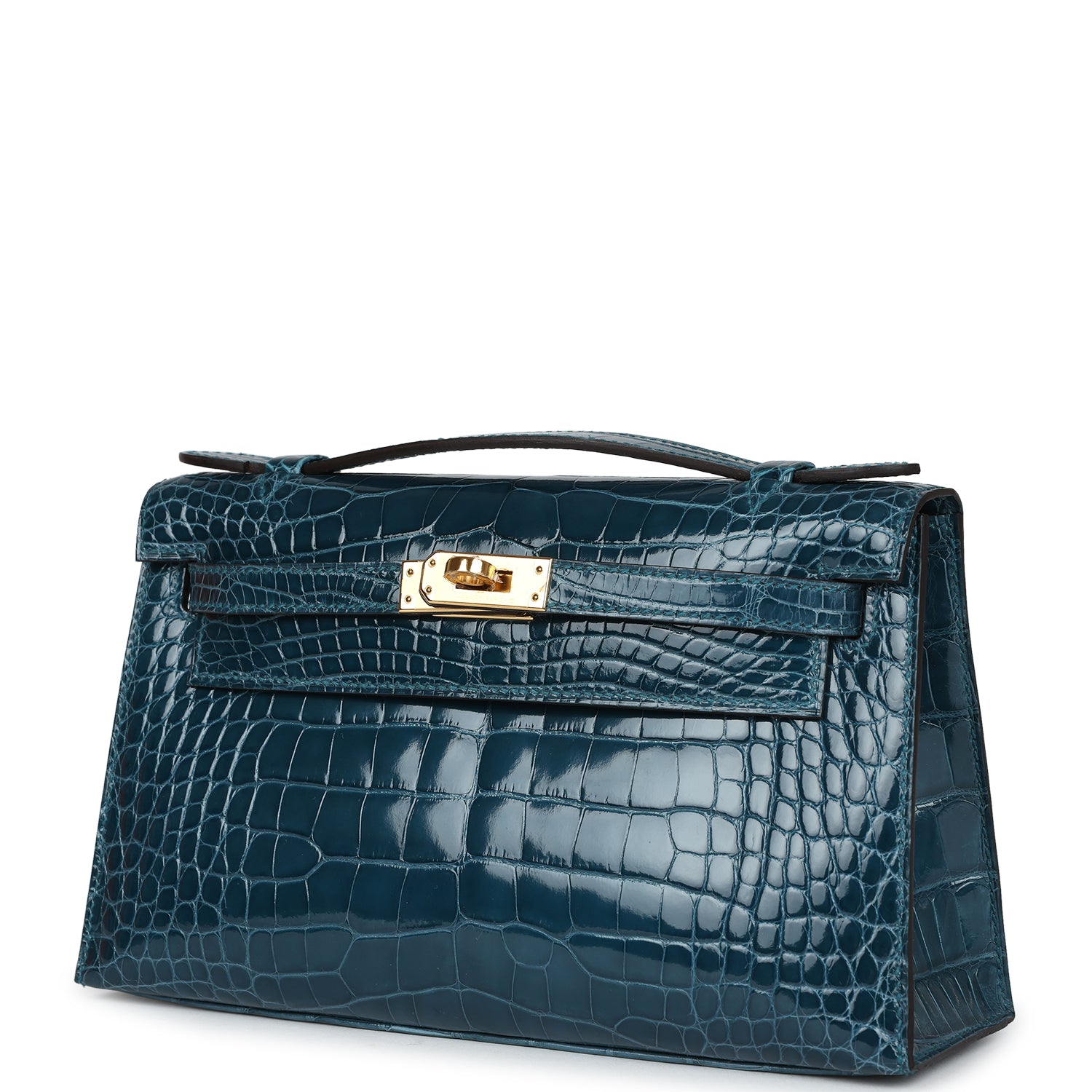 Kelly Pochette Vert Bosphore Shiny Alligator Gold Hardware