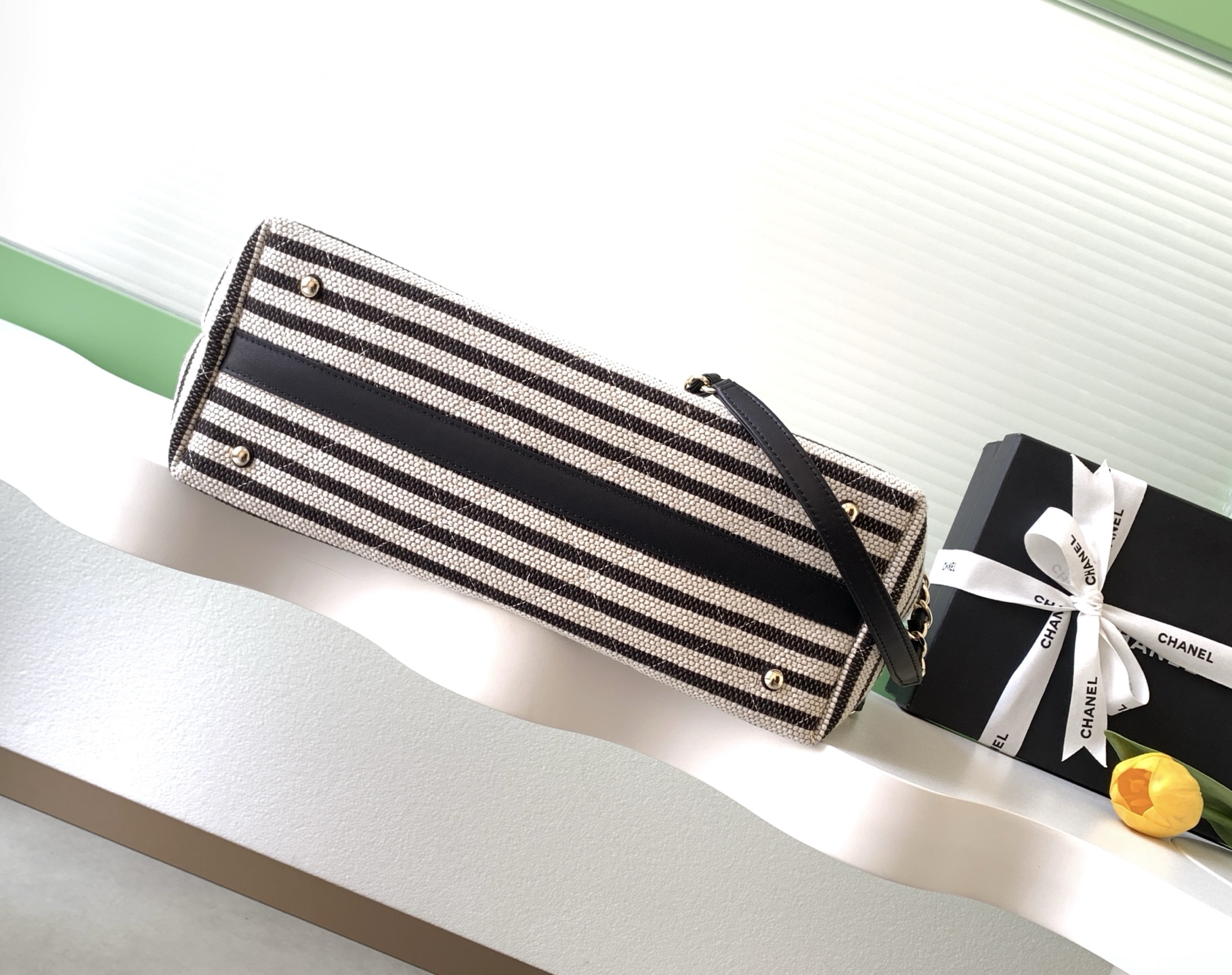 Deauville Large Striped Canvas Tote Bag in Black with Gold-Tone Hardware - Mocuir