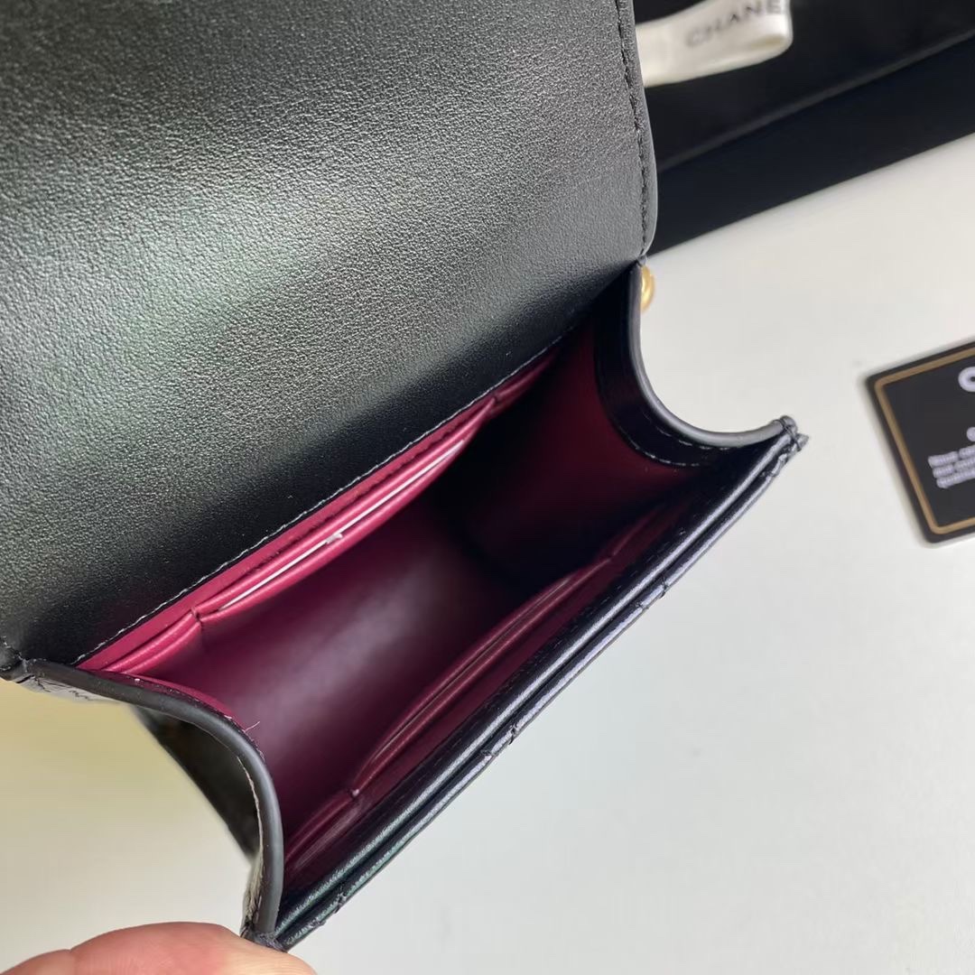 Classic Quilted Lambskin Phone Holder with Gold Ball Chain in Black (Gold Hardware) - Mocuir