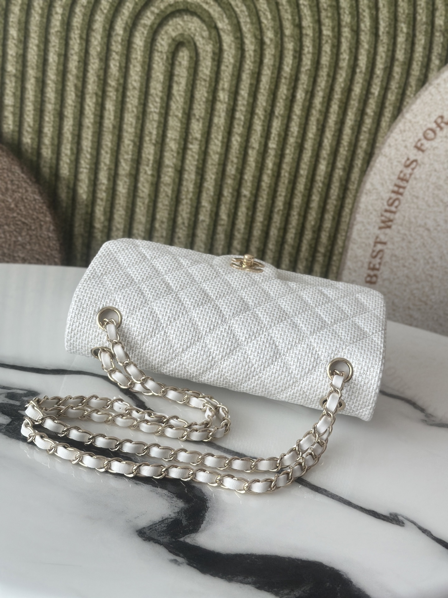 Classic Double Flap Bag in White Tweed with Light Gold Hardware (Model A01112  A69900) - Mocuir