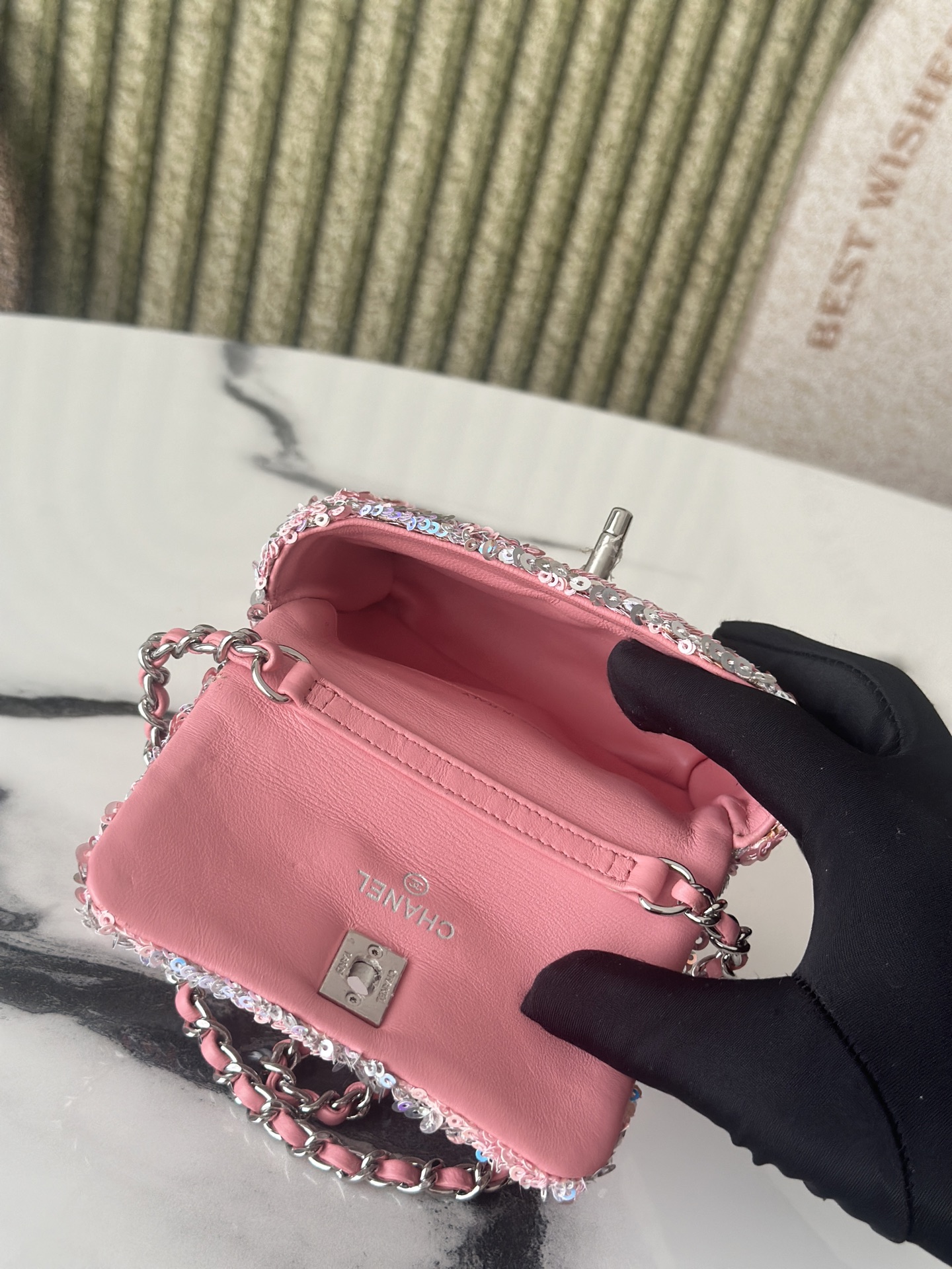 23C Large Mini Classic Flap Bag (AS3965) in Peach Pink Hand-Embroidered Sequins on Lambskin with Silver-Tone Hardware - Mocuir