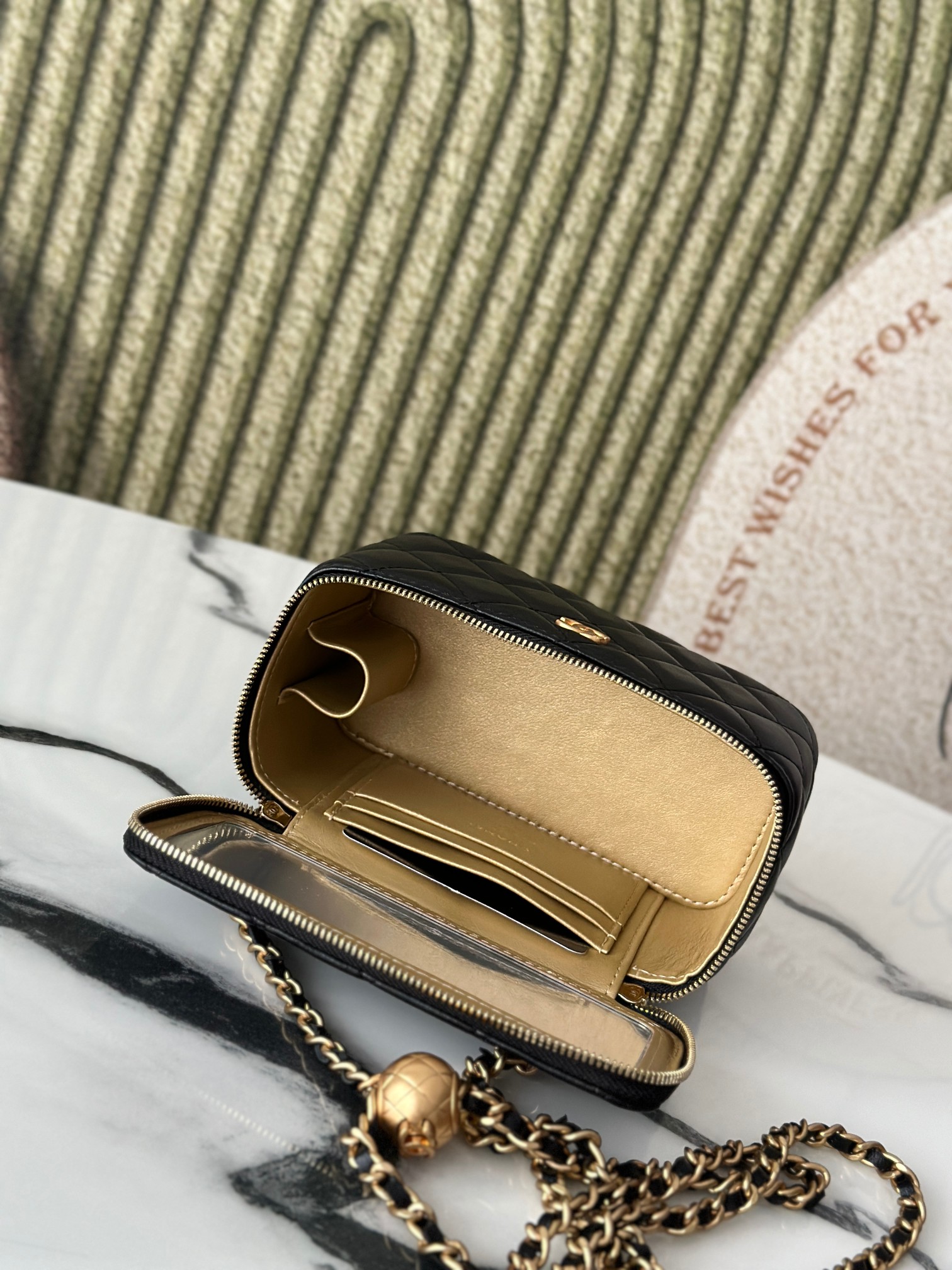 Mini Rectangular Vanity Case with Adjustable Ball Chain in Black Quilted Lambskin with Gold-Tone Hardware - Mocuir