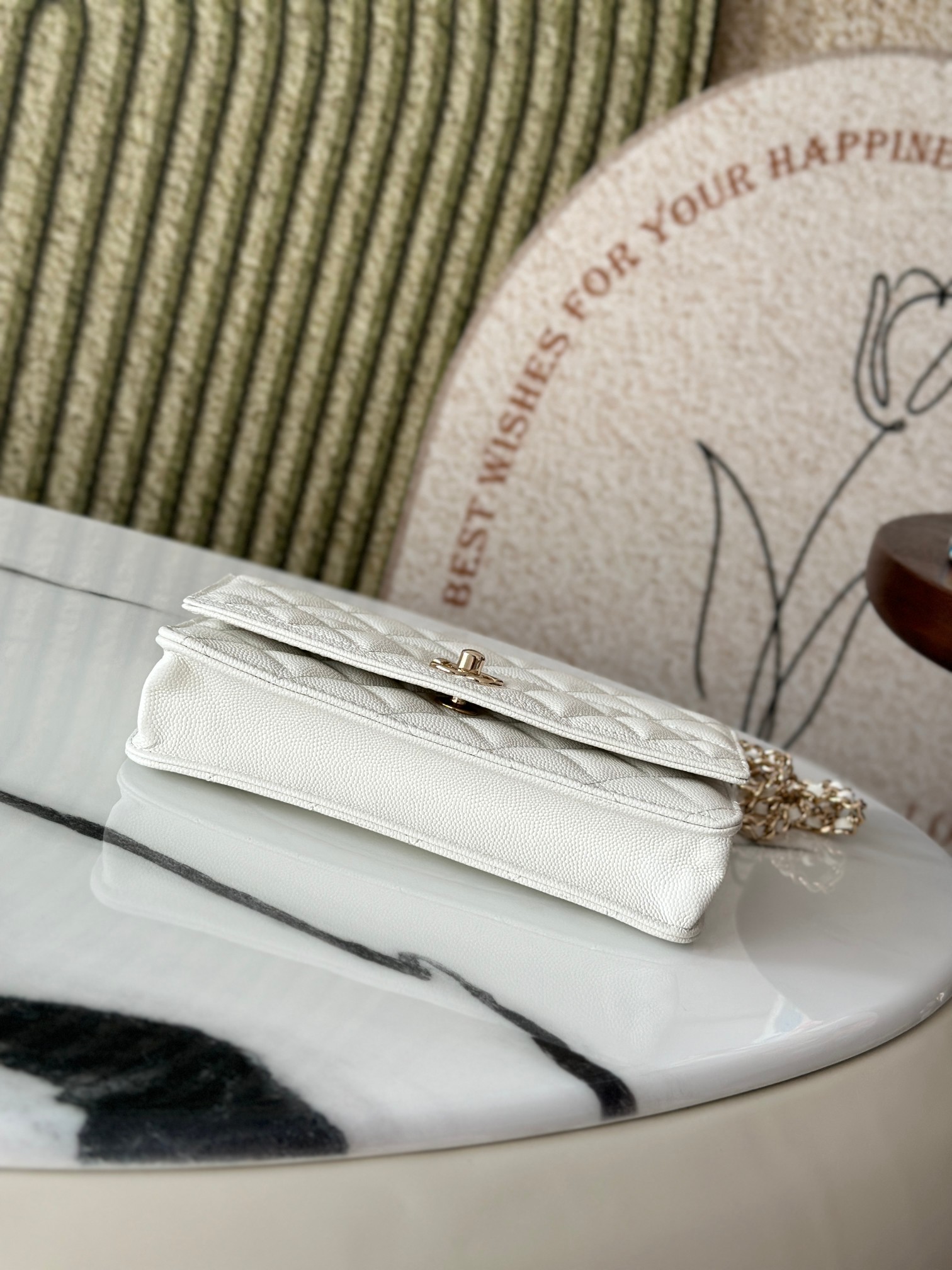 Classic Flap Mini Bag with Top Handle in White Caviar Leather with Light Gold Hardware (Model AP3341) - Mocuir