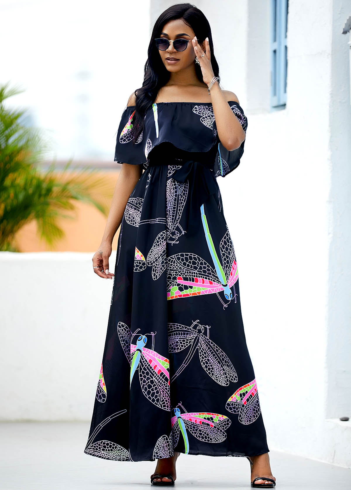 Dragonfly Print Off the Shoulder Belted Dress