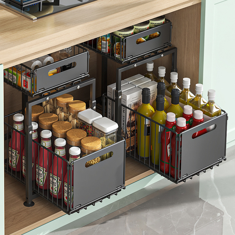 Kitchen cabinets under the sink pull-out shelf table height adjustable storage rack sundry seasoning bottles and cans.