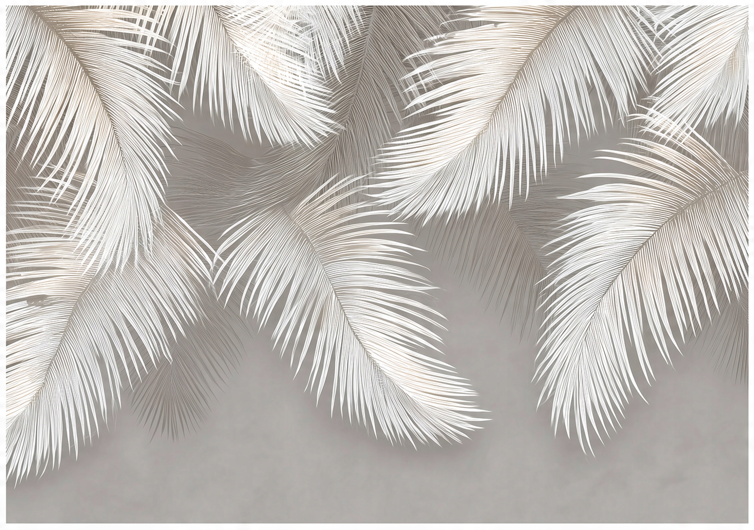 Wall mural with hanging leaves and concrete feathers for the bedroom or living room,