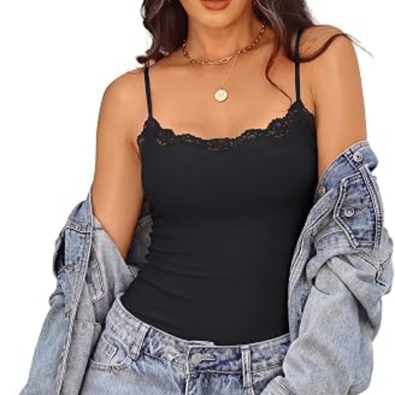 Womens Built in Bra Lace Tank Tops Going Out Double Lined Cami Shirt