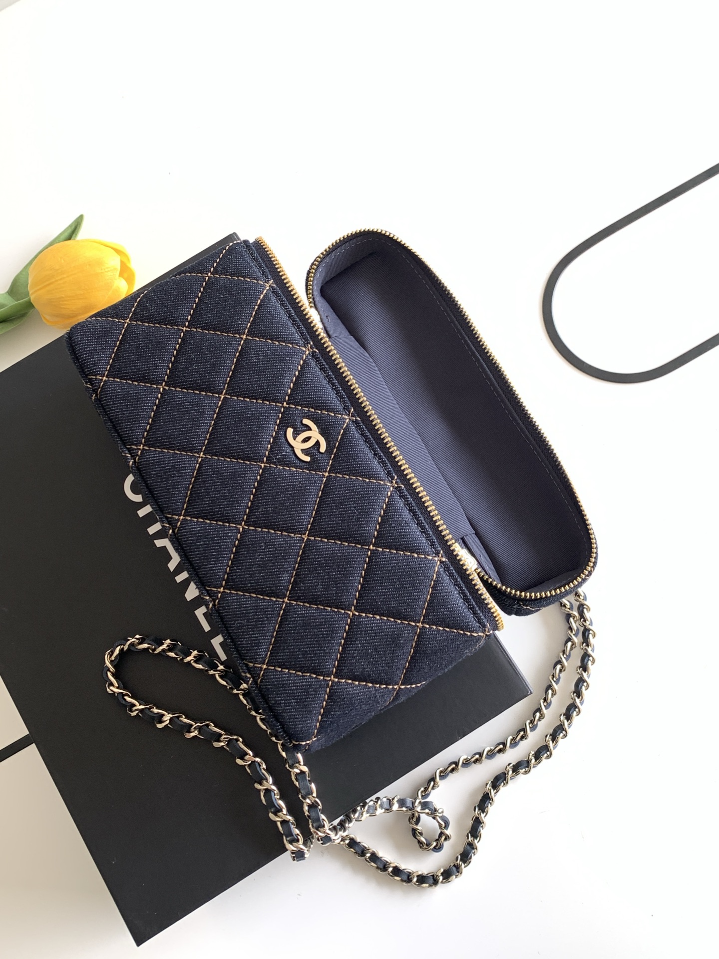 26P Pre-Collection Quilted Denim LP Top Handle Vanity Case in Dark Blue with Gold Hardware (Model AP4385) - Mocuir