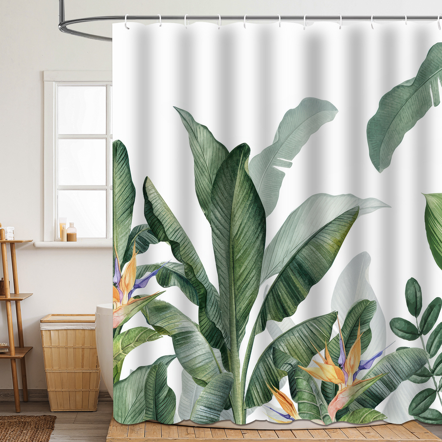 Shower curtain green plant leaf polyester 3d digital printing waterproof and mildew-proof shower bathroom partition