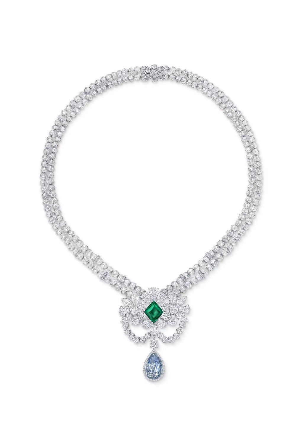 Emerald teardrop blue diamond full diamond necklace