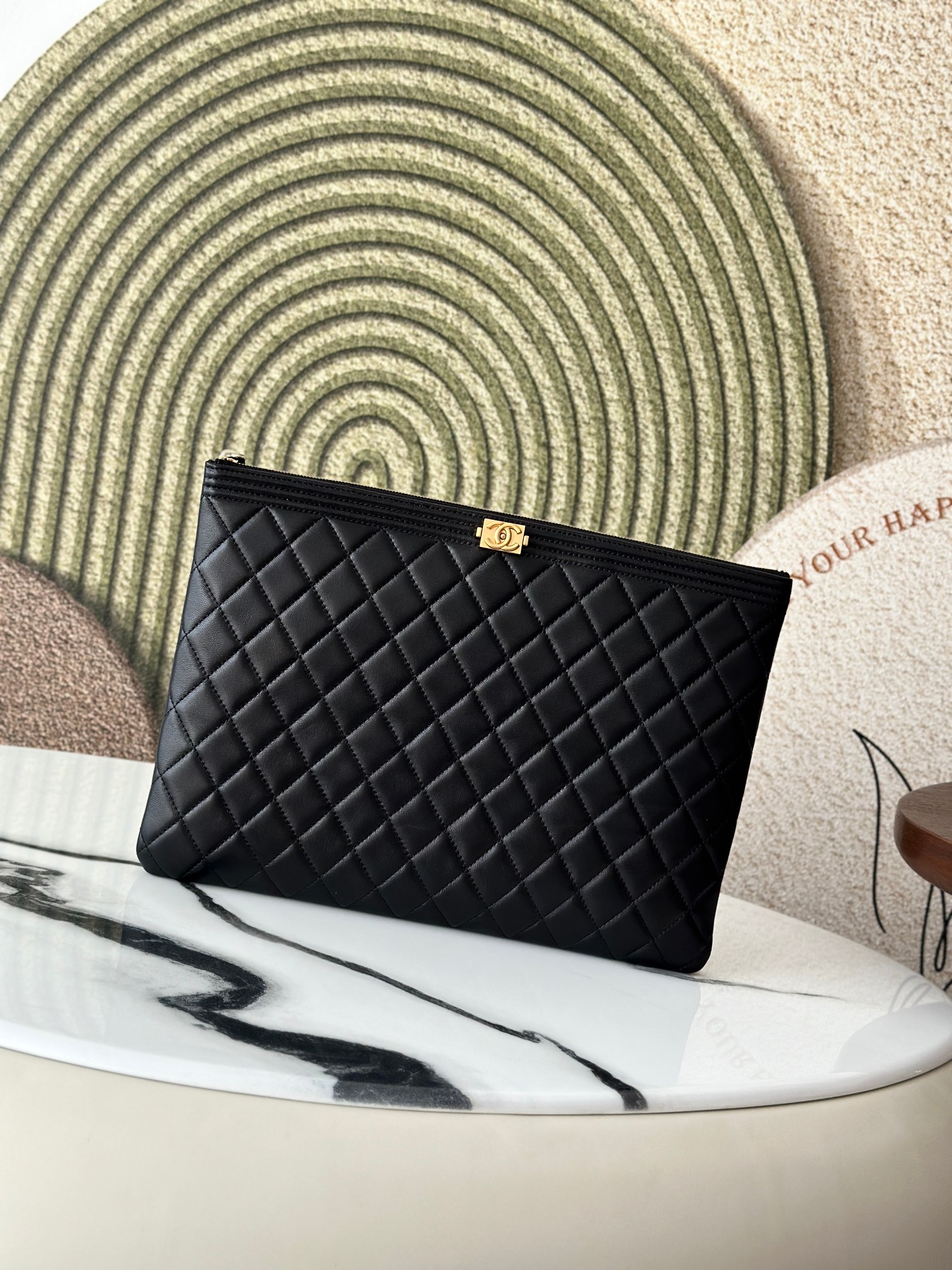 Le Boy Large Quilted Caviar Leather Clutch Document Case in Black with Gold-Tone Hardware - Mocuir