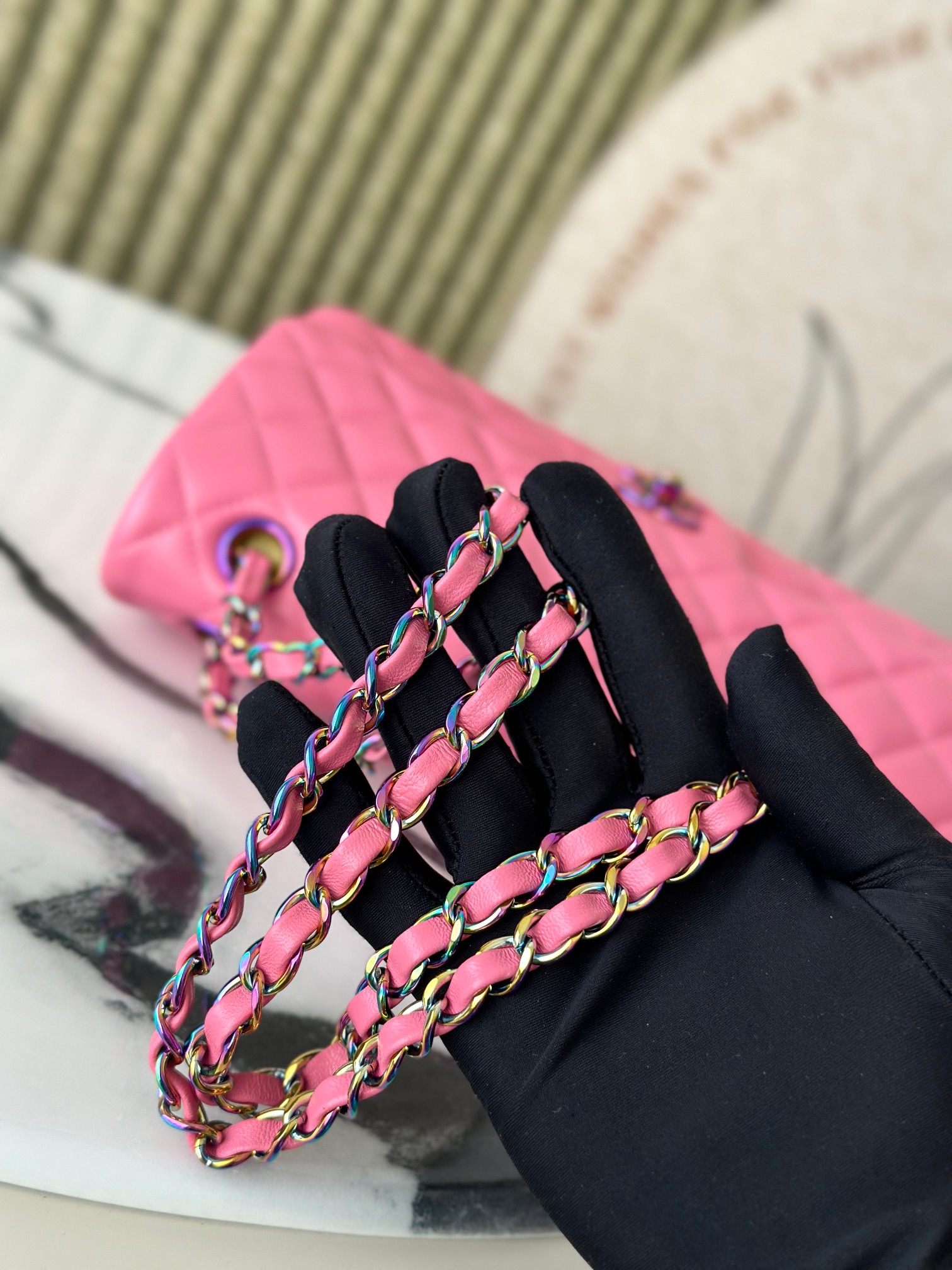 Classic Flap Medium Bag in Sakura Pink Lambskin with Iridescent Rainbow Hardware (Model A01112) - Mocuir