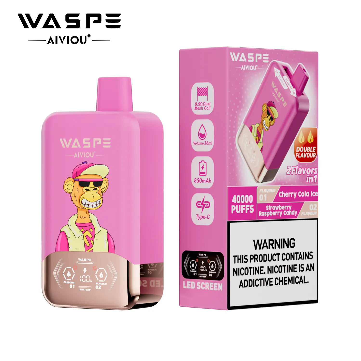 （3 pieces）WASPE 40000 40K Puffs Double Taste LCD Display Disposable Vape