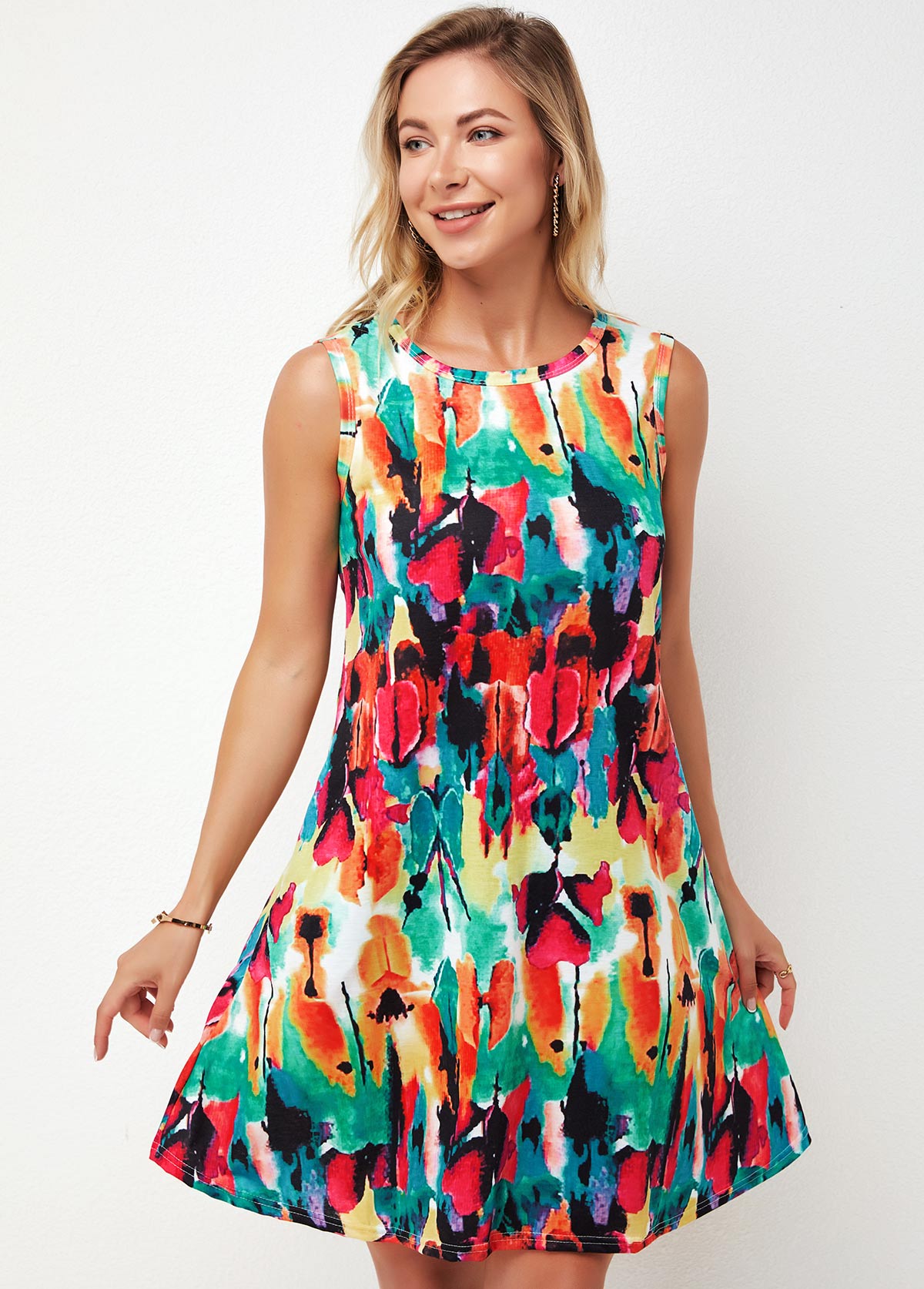 Printed Round Neck A Line Dress
