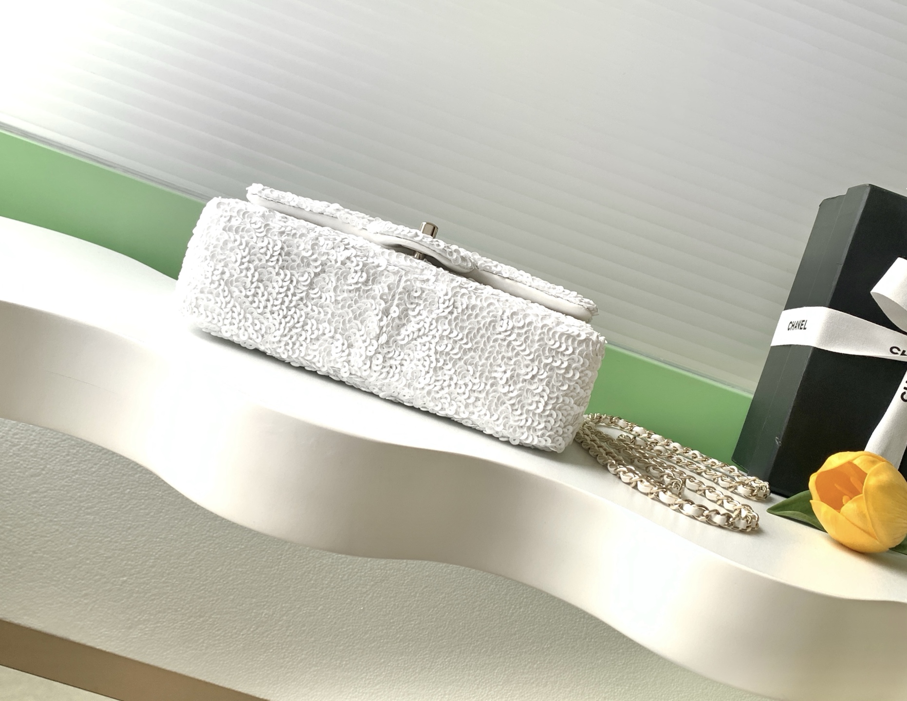 25B White Sequin Classic Flap (AS4561) in Quilted Sequins with Light Gold-Tone Hardware - Mocuir