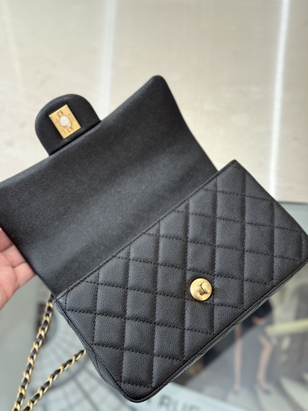 Mini Flap Bag with Top Handle (AS2215) in Black Quilted Grained Calfskin (Caviar) with Antique Gold-Tone Hardware - Mocuir