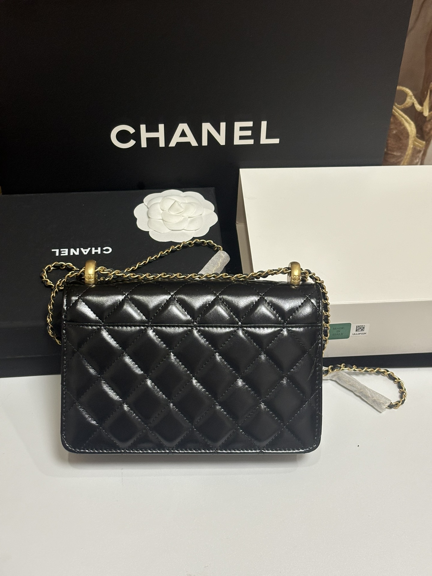 Classic Quilted Lambskin Wallet on Chain with Gold Ball in Black (Gold Hardware) - Mocuir