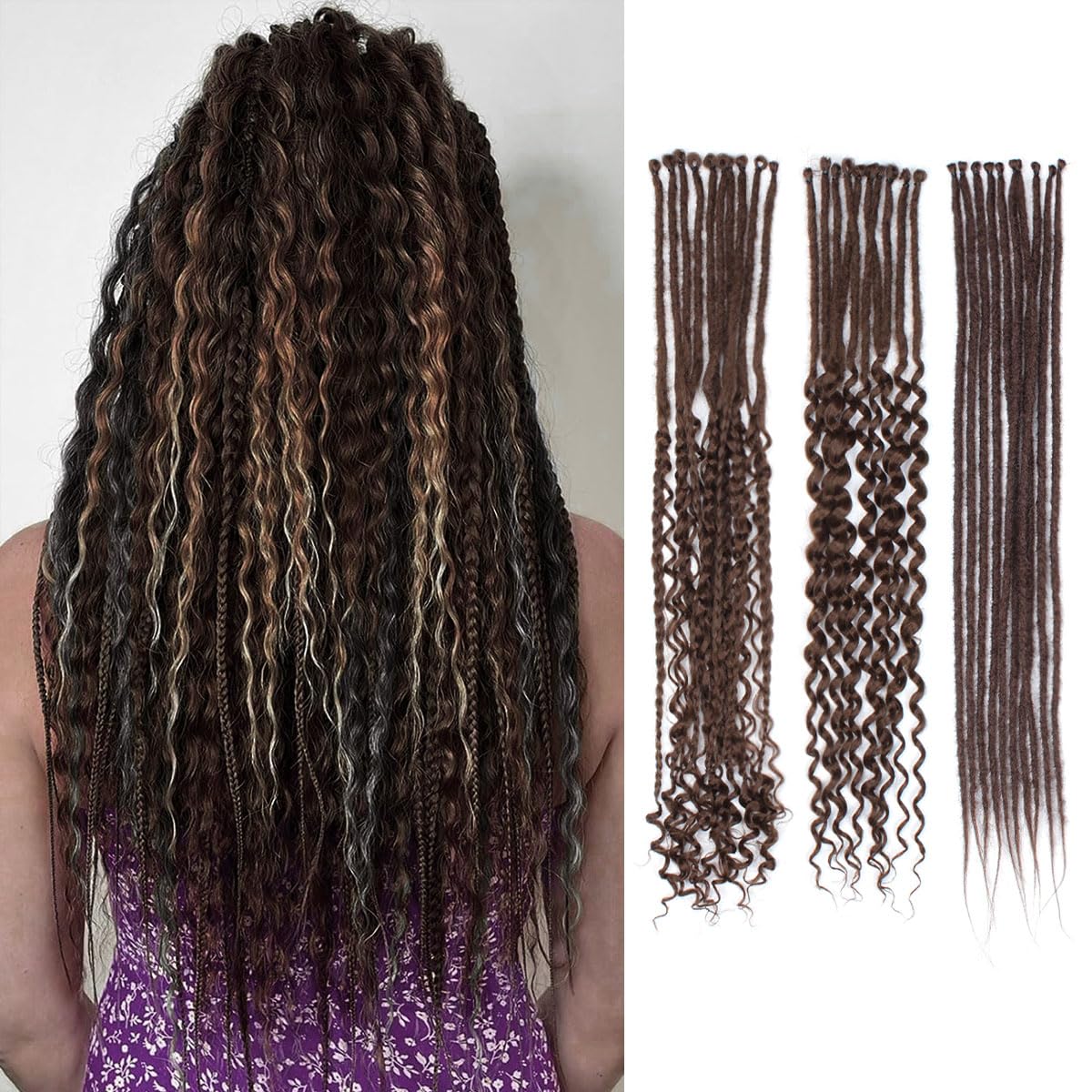 24 Inch 3 In 1 Dreadlock Extensions Sets, 30 Strands Mixed Chocolate Brown Synthetic SE Dreads Extensions, 100% Handmade Soft Single Ended Curly Boho Wavy Dreads for Girls