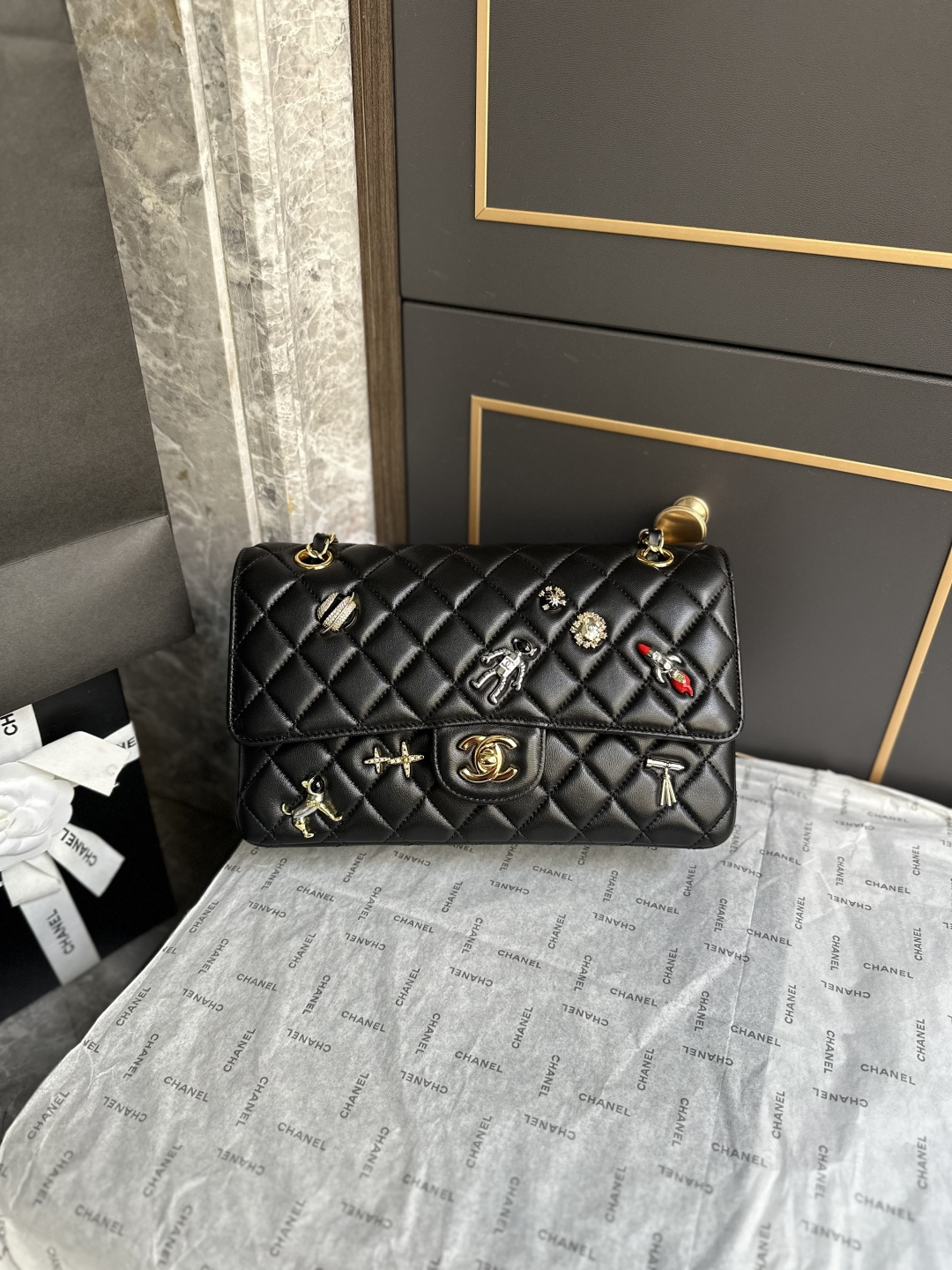 Spring-Summer 2026 Space Mission Limited Edition Black Quilted Lambskin Classic Flap Bag with Gold-Tone Hardware & Space Charms - Mocuir