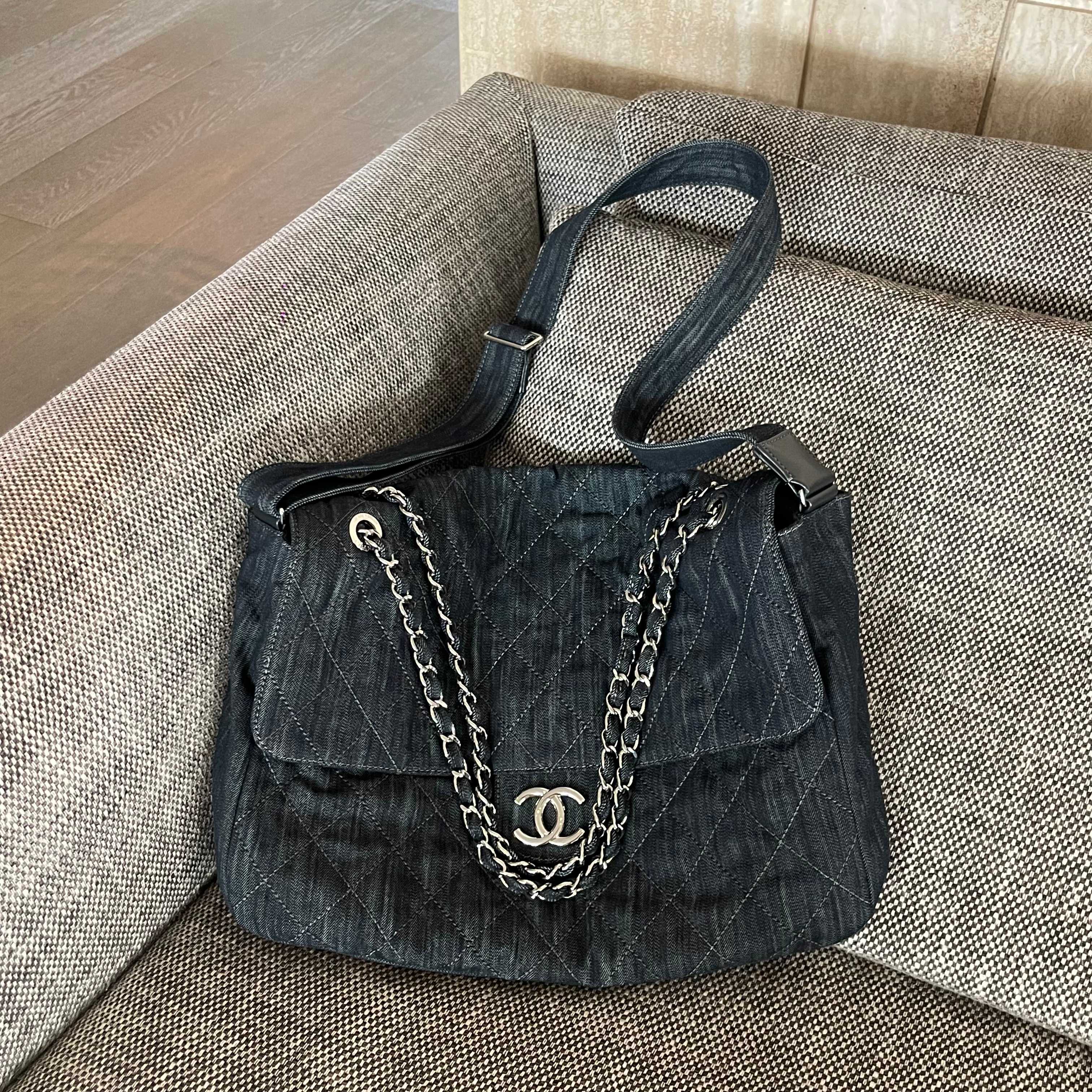 Vintage Hobo Dark Blue Denim Quilted Tote Bag with Silver-Tone Hardware - Mocuir