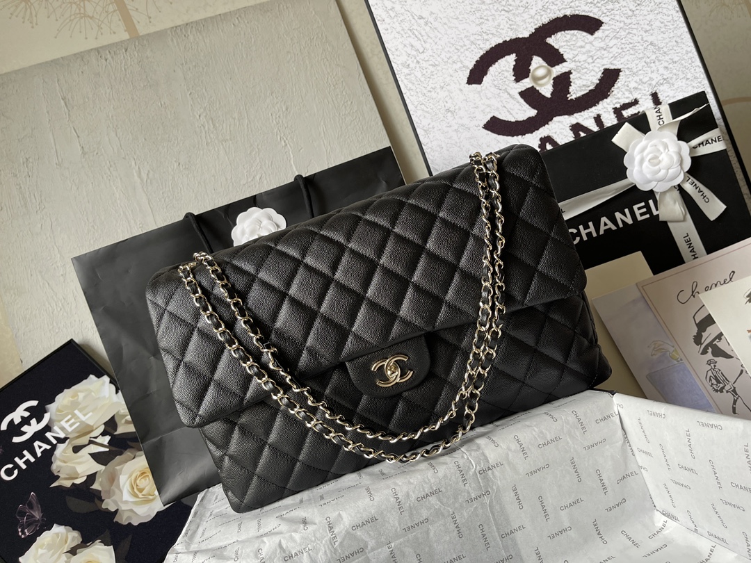 Classic Maxi Single Flap Bag in Black Quilted Caviar Calfskin with Light Gold-Tone Hardware - Mocuir