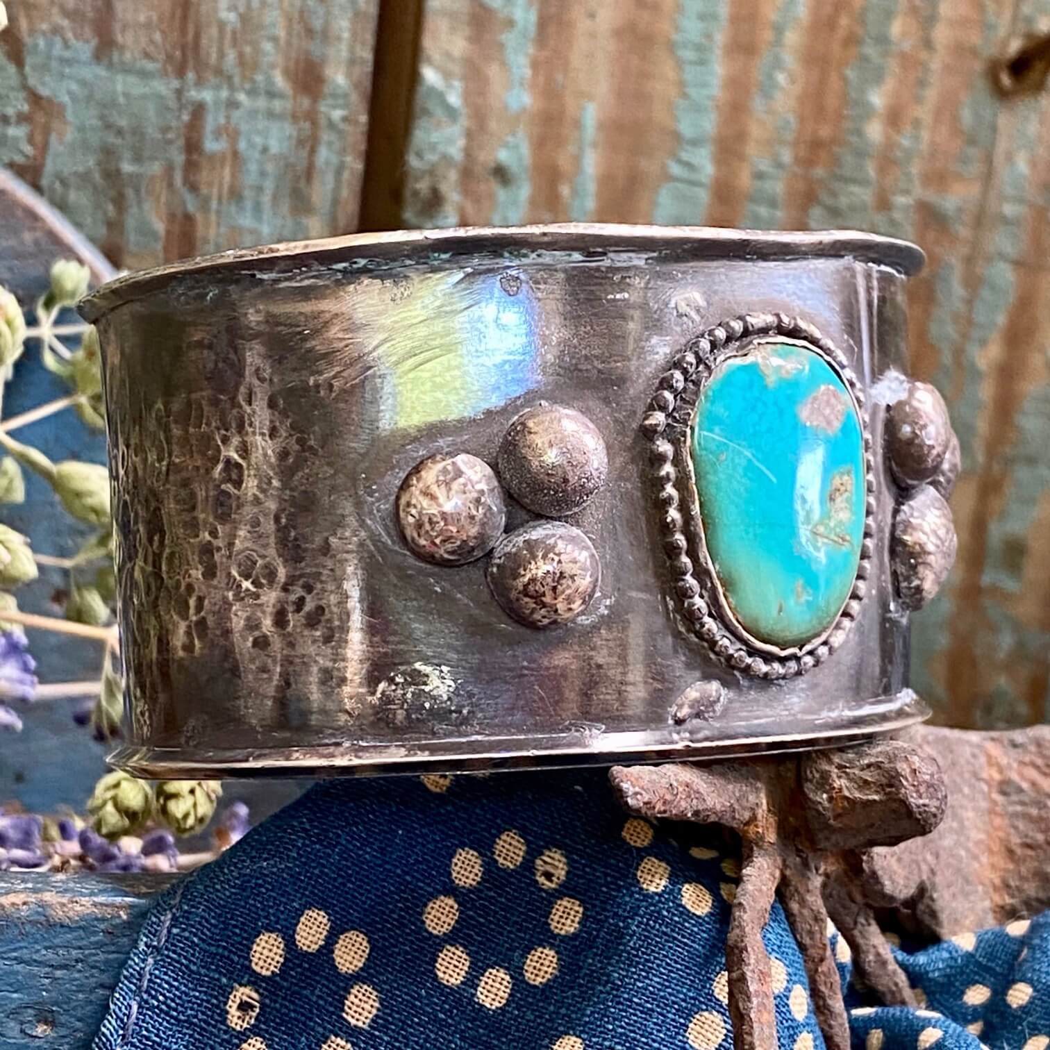 1976 Navajo Sterling Silver Turquoise Wide Cuff Inscribed