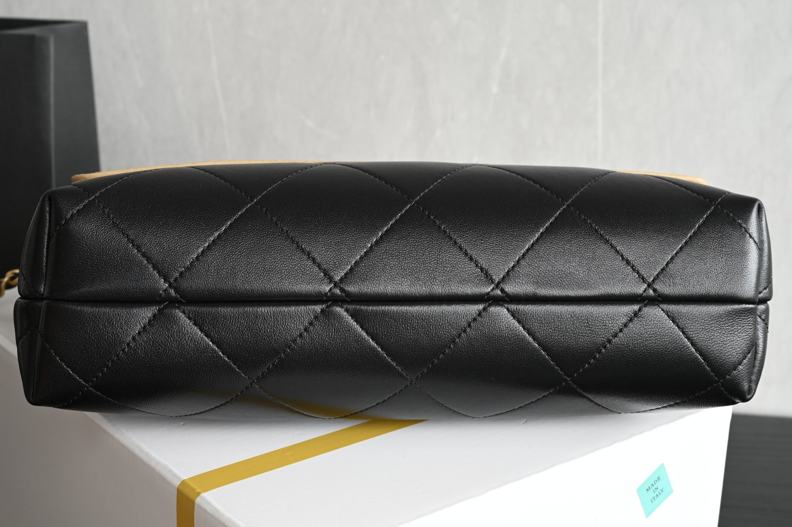 Large Flap Bag With Top Handle in Camel & Black Quilted Suede Lambskin and Shiny Lambskin with Gold-Tone Metal (Model AS5637) - Mocuir