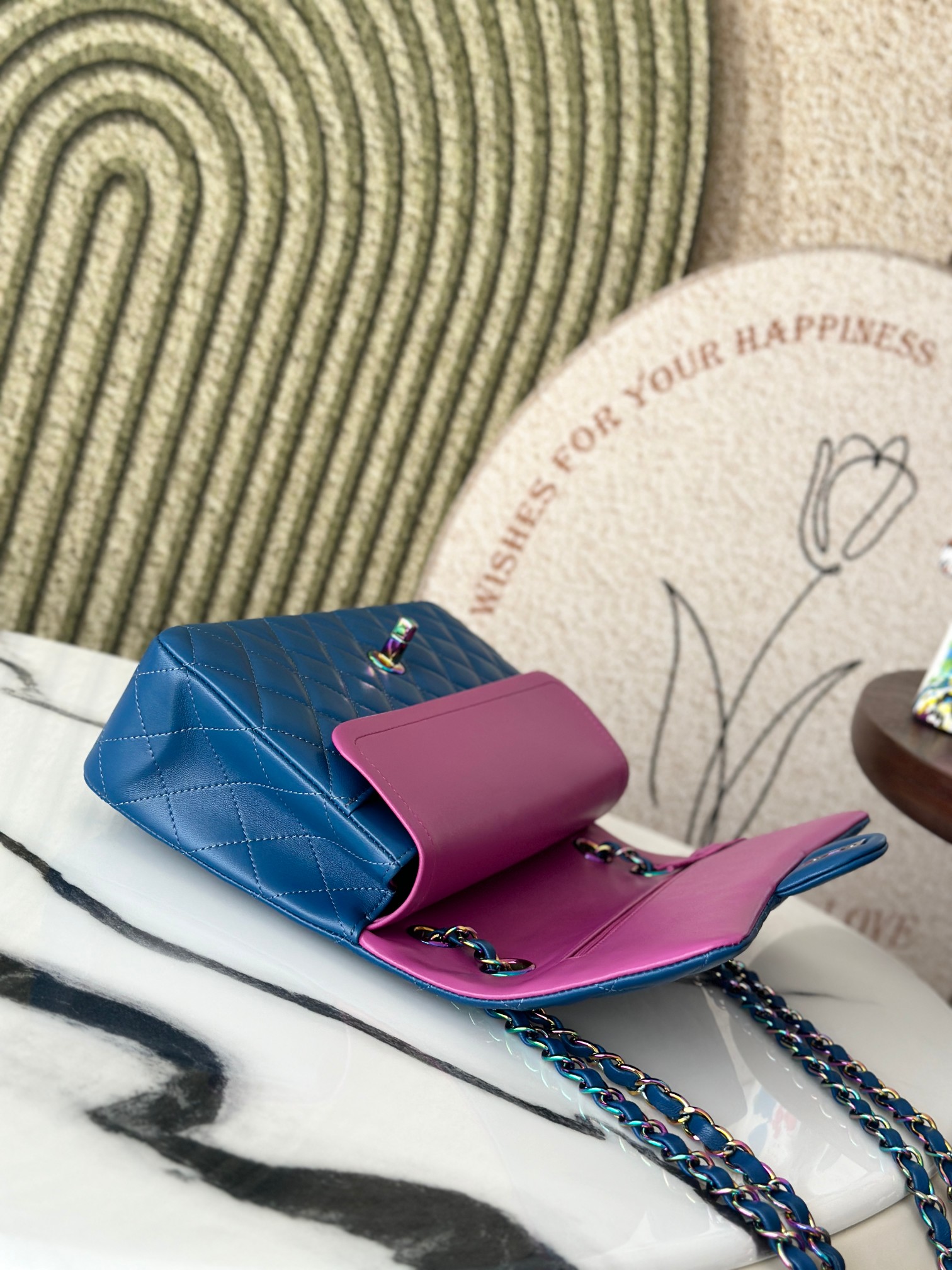 Classic Flap Medium Bag in Electric Blue Lambskin with Iridescent Rainbow Hardware (Model A01112) - Mocuir