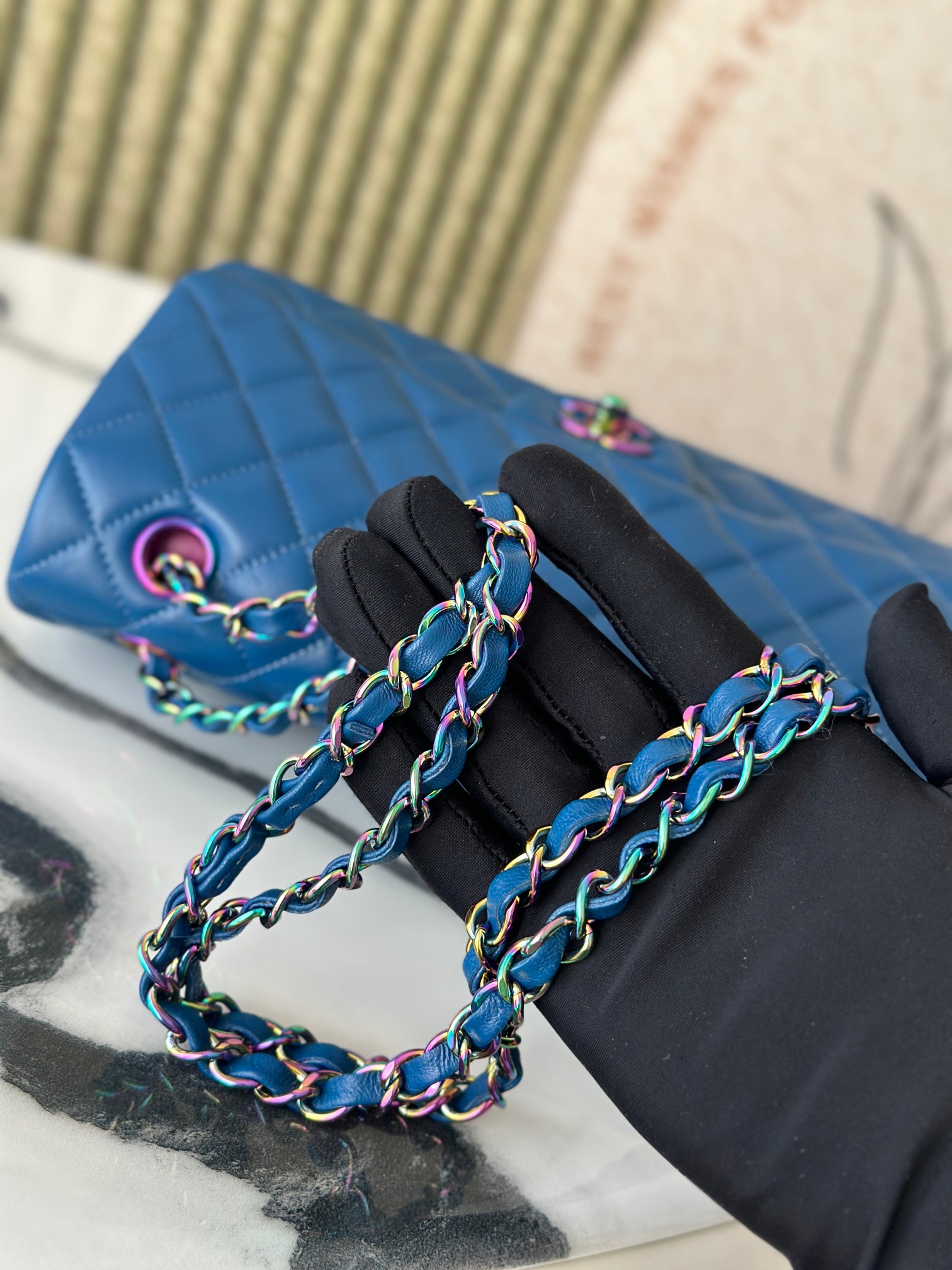 Classic Flap Medium Bag in Electric Blue Lambskin with Iridescent Rainbow Hardware (Model A01112) - Mocuir