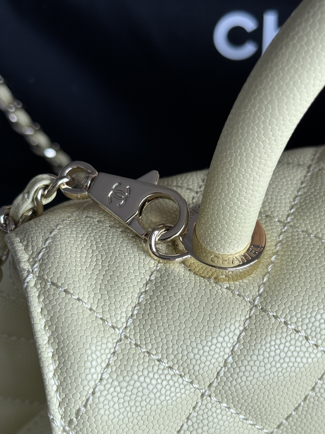 Small Coco Handle Flap Bag in Yellow Quilted Caviar Leather with Light Gold-Tone Hardware - Mocuir