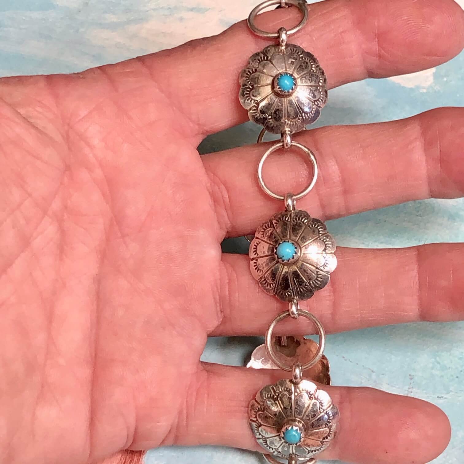Sterling Silver Turquoise Stamped Concho Bracelet Large Size