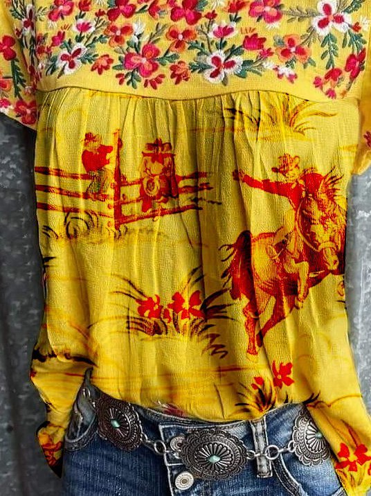 Floral Embroidered Women Casual Western Tees