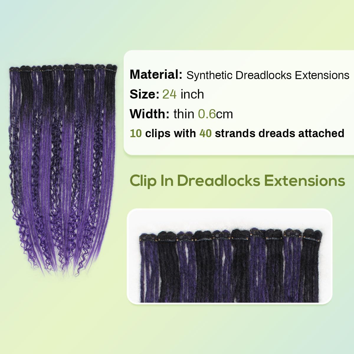 10PCS Clip in Dreadlock Extensions Full Sets, 24 inch Synthetic Clip Dreads Extensions Handmade Soft(Black/purple, Clip-in 40 Strands)