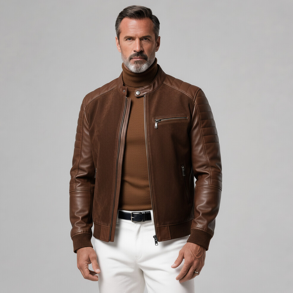 Men's Brown Stand Collar Quilted PU Leather Sleeve Patchwork Suede Zipper Pockets Jacket