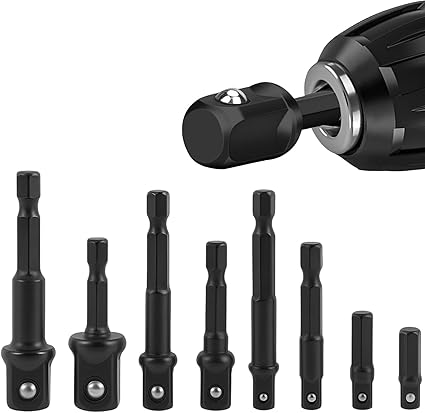 8-Piece Socket Adapter Set for Drills and Impact Drivers, Hex Shank to Square Drive
