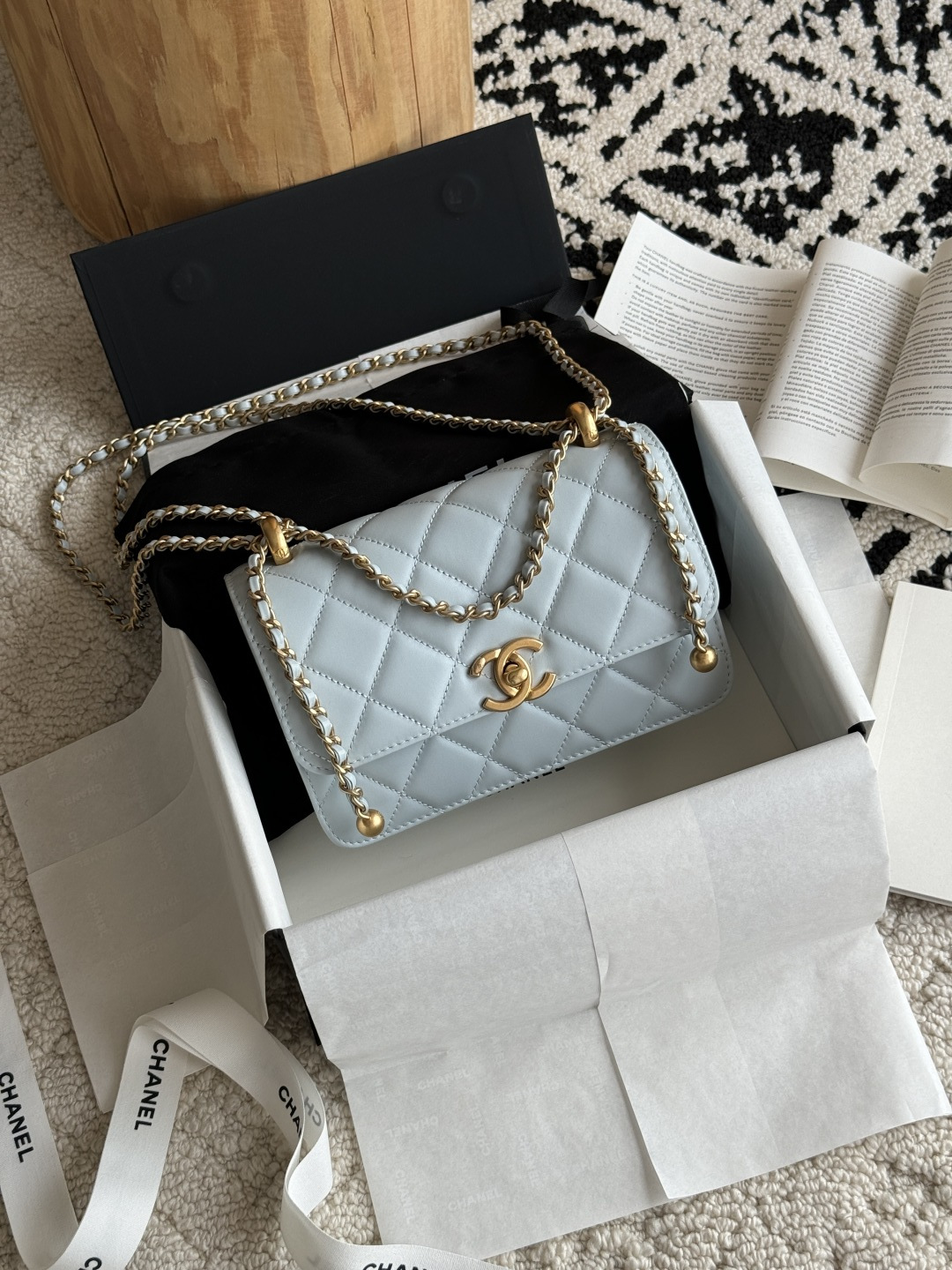 Wallet On Chain (WOC) with Double Gold Balls in Light Blue Quilted Shiny Caviar Leather with Antique Gold-Tone Hardware - Mocuir