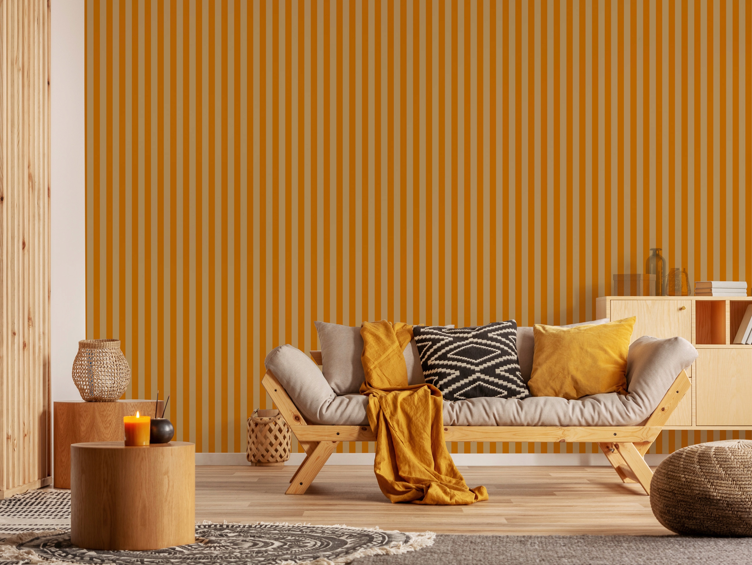 Brown striped Scandinavian wallpaper on non-woven backing for living room and bedroom walls