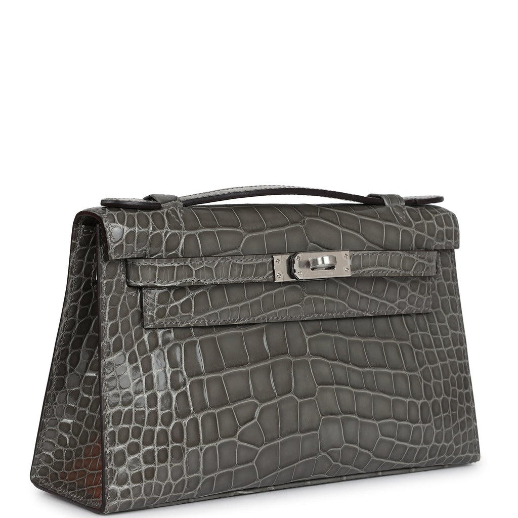 Kelly Pochette Gris Ciment Shiny Alligator Palladium Hardware