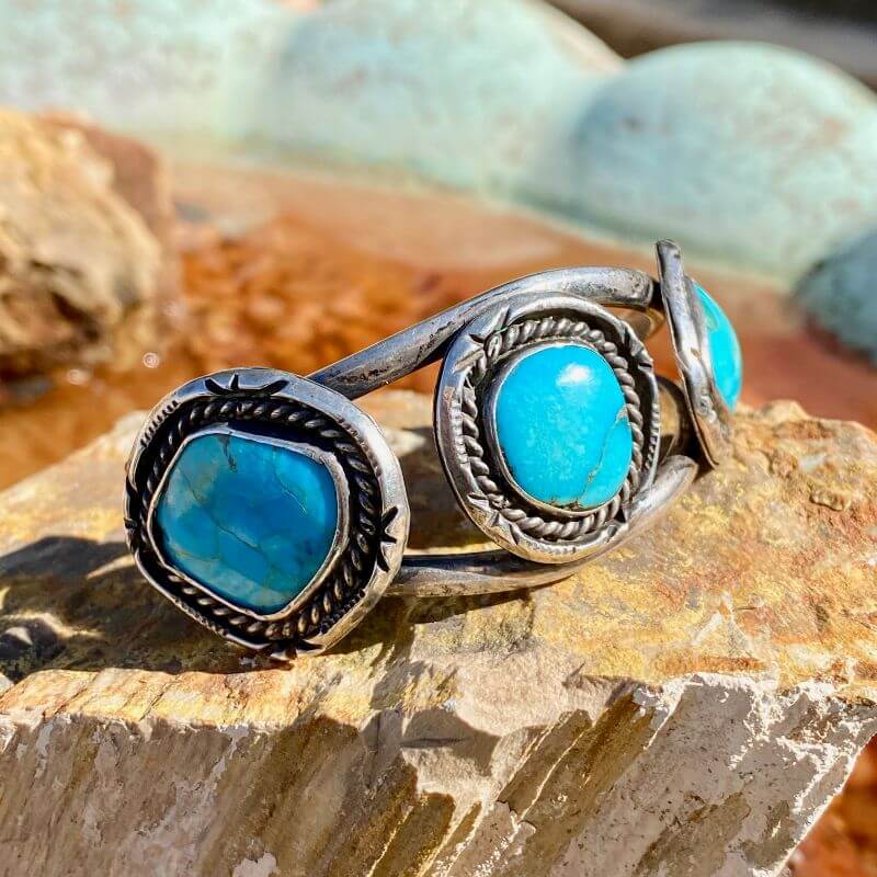 Vintage Navajo Sterling Cuff Bracelet with Three Turquoise Stones