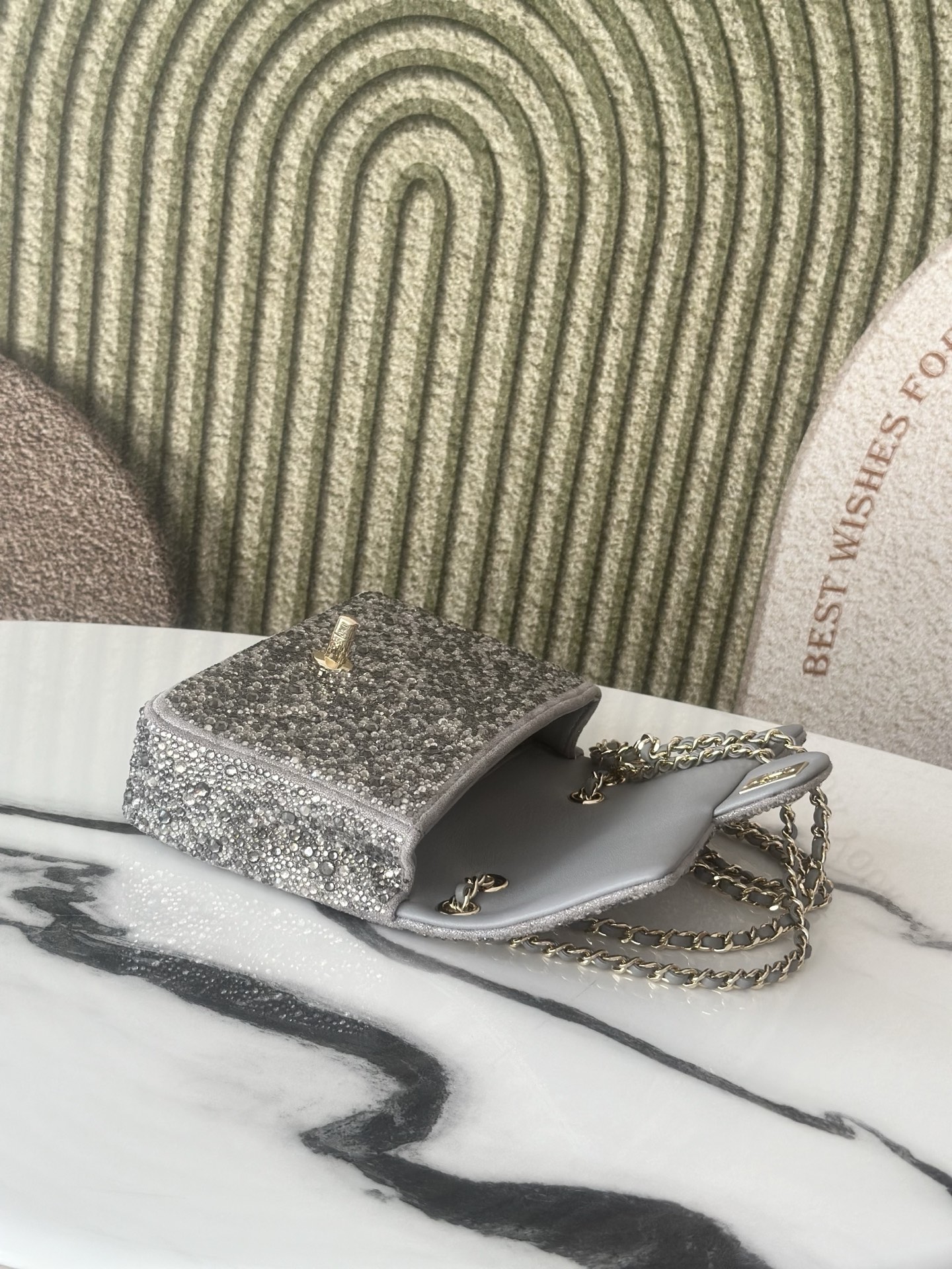 Classic Flap Mini Bag in Silver Grey Strass Crystal Embellished Suede (Gold Hardware) - Mocuir