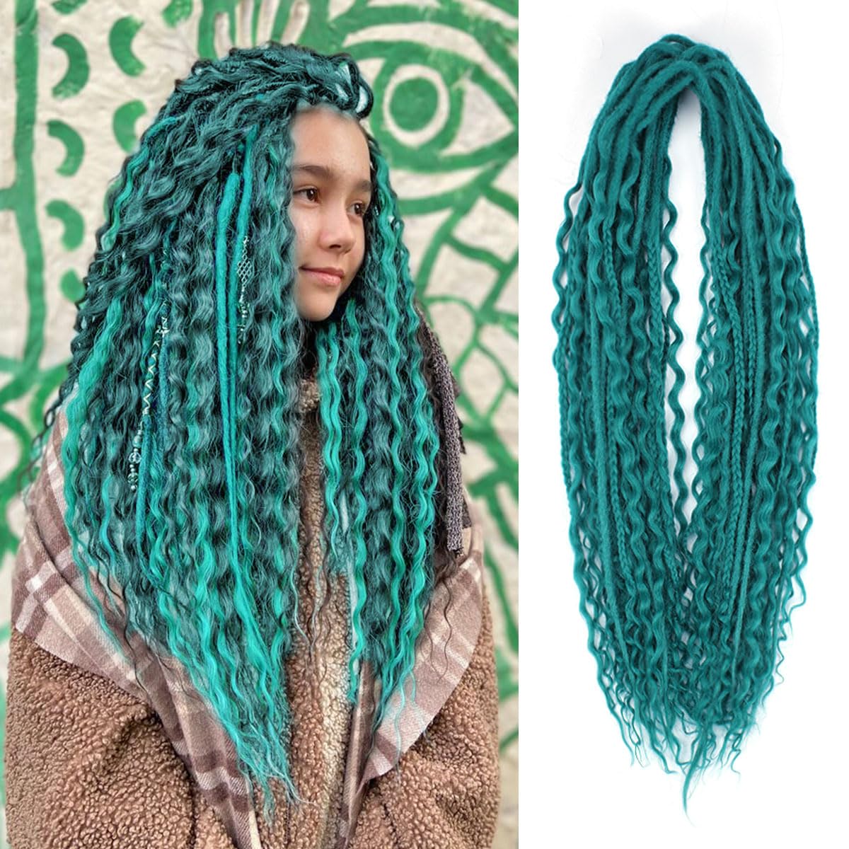 24 Inch 3 In 1 Dreadlock Extensions Sets, 30 Strands Mixed Teal Green Synthetic DE Dreads Extensions, 100% Handmade Soft Double Ended Curly Boho Wavy Dreads for Girls