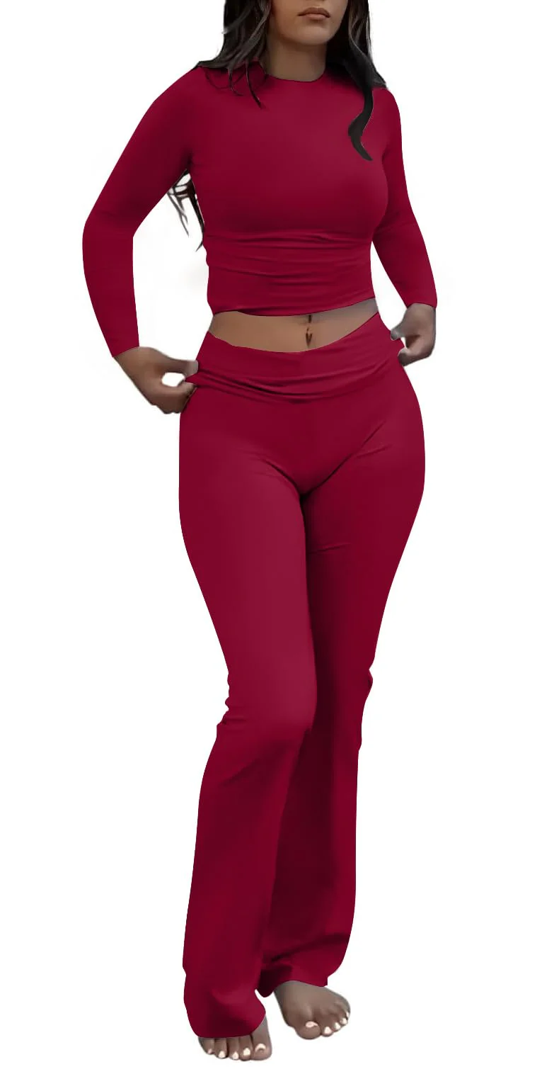 Women's 2 Piece Outfits Foldover Flare Pants Long Sleeve Crew Neck T-shirt Fitted Pajama Sets